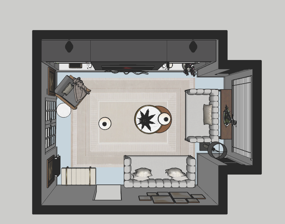 "3D-rendered living room with warm neutral tones, soft cushions, layered rugs, and ambient lighting — designed for a cosy, family-friendly space with teenage children.